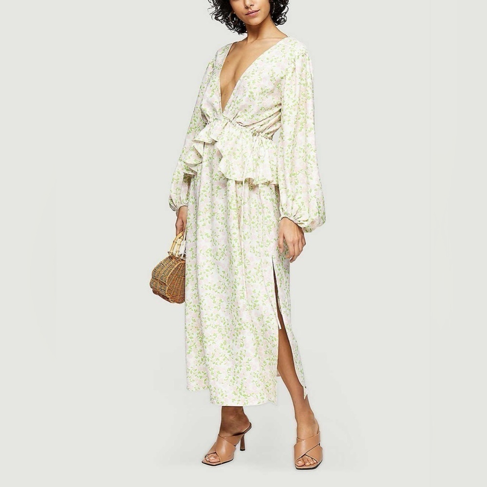 TopShop Ivory Print Double V Ruffled Cream Green &Pink Floral Maxi Dress -8 NWT - Picture 1 of 6